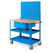 Carrello con Ruote Clever Large con Piano in Legno blu cassetto e parete