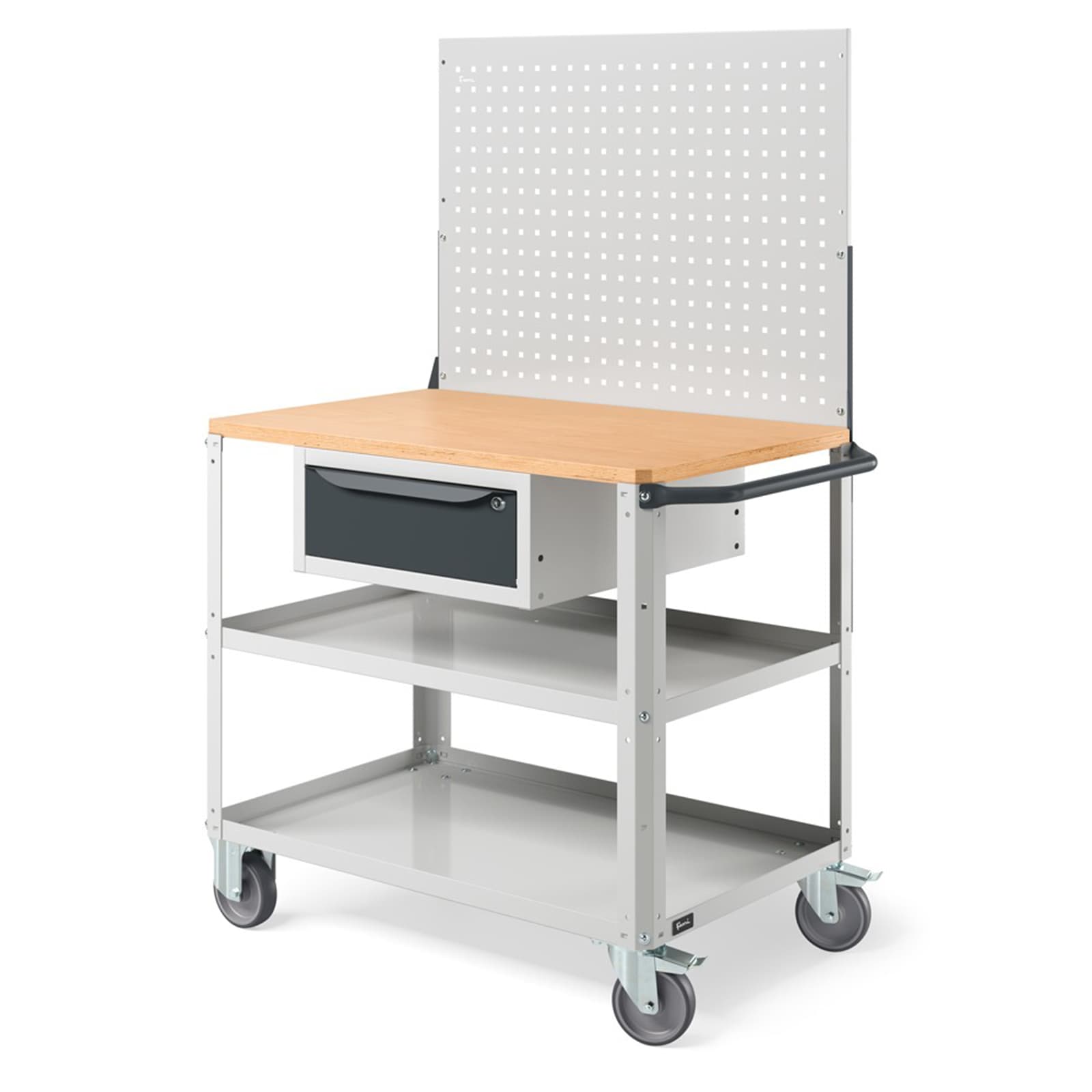 Carrello con Ruote Clever Large con Piano in Legno grigio cassetto e parete